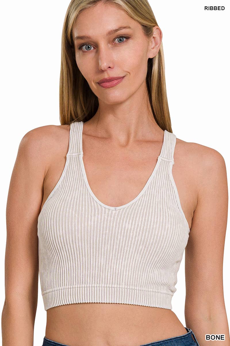 Premium washed seamless crop tank w/ removable bra: SLEET