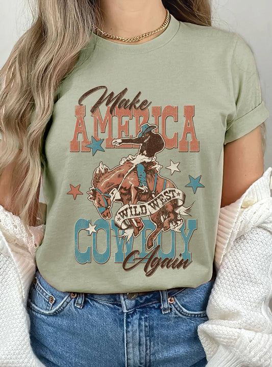 MAKE AMERICA COWBOY AGAIN GRAPHIC TSHIRTS: SAGE GREEN