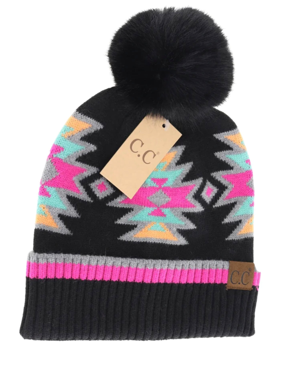 Southwestern Faux Fur Pom C.C. Beanie