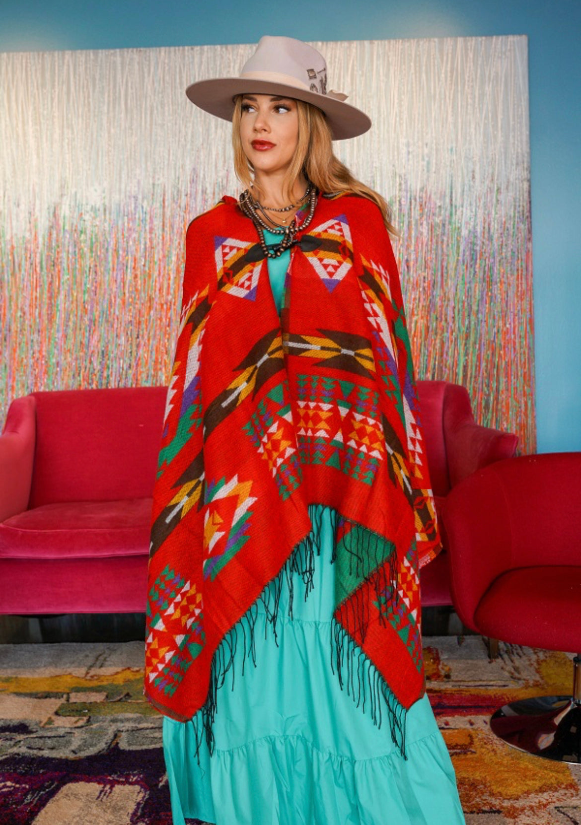 Red Multi Aztec Fringe Poncho with Hoodie