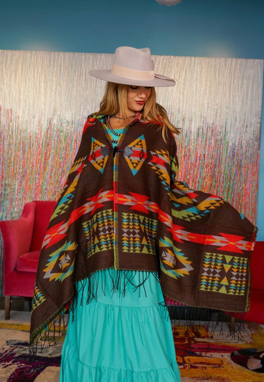 Black Multi Aztec Fringe Poncho With Hoodie