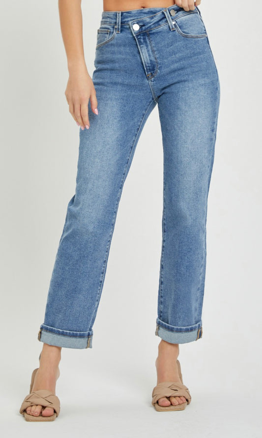 High Rise Cross Over Straight Jeans