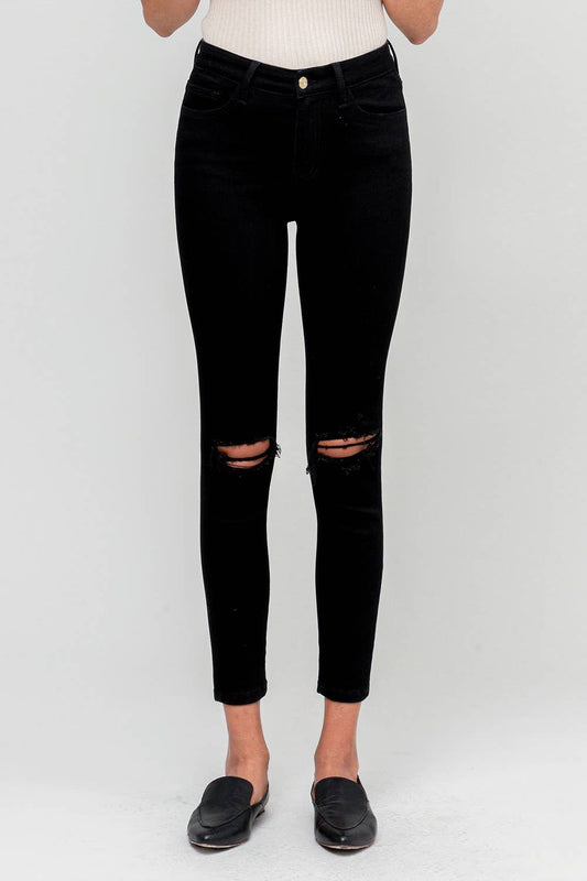 Mid Rise  Distressed Knee Crop Skinny