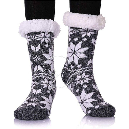 Non-Slip Sherpa Lined Socks - Charcoal Snowflake