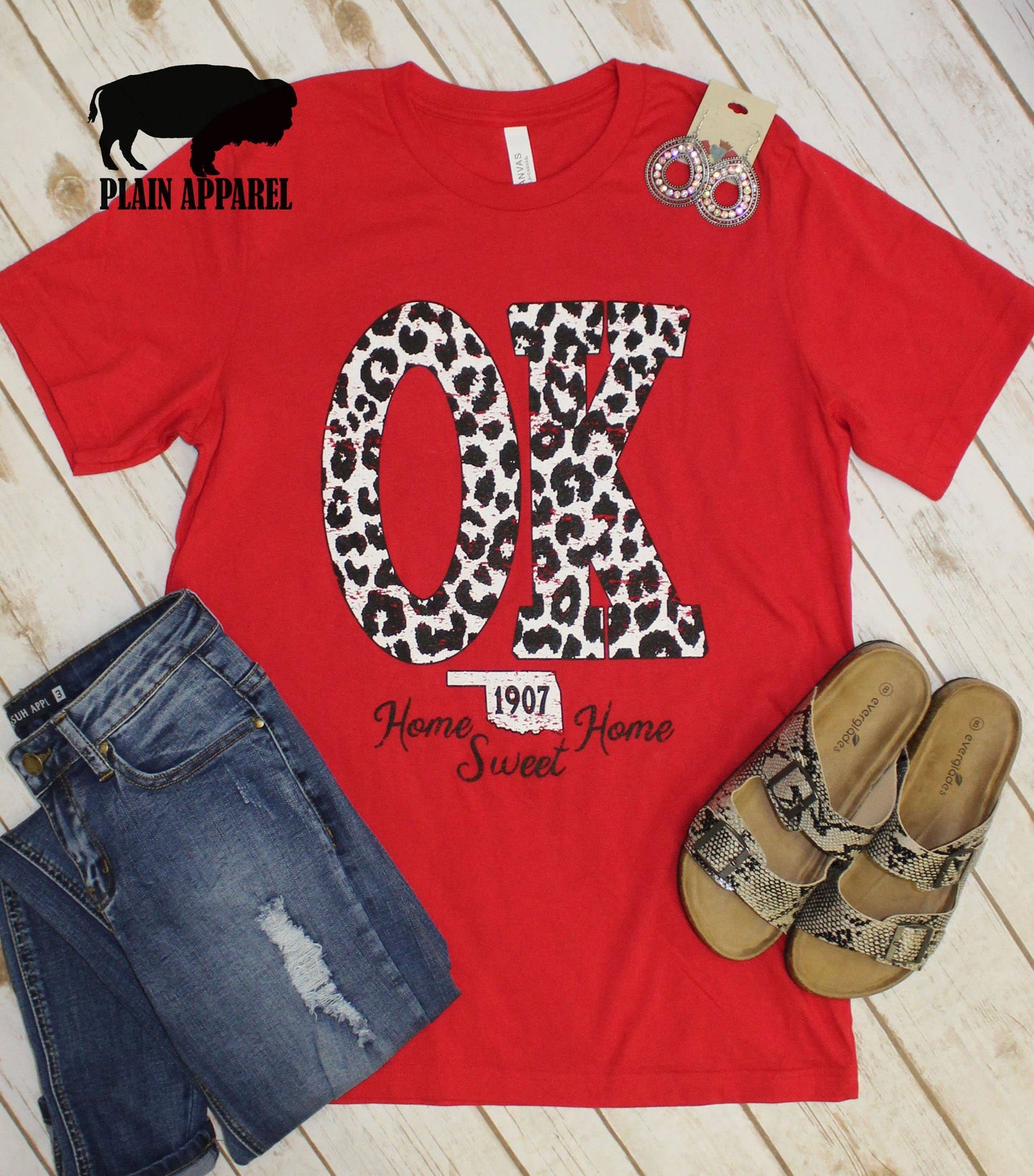 Red OK Leopard State Abbreviation Crew Neck Tee