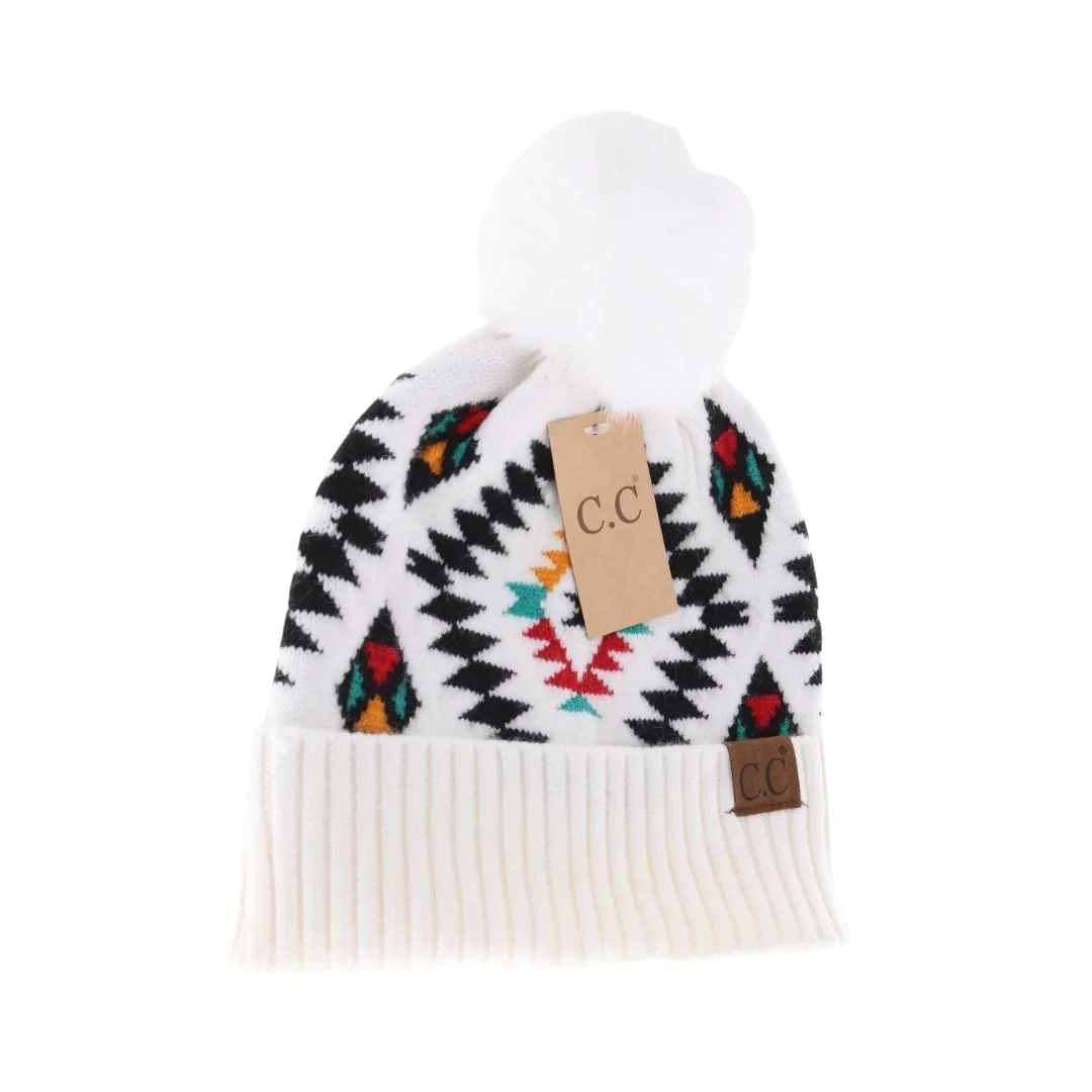 Aztec Patterned Faux Fur Pom C.C Beanie