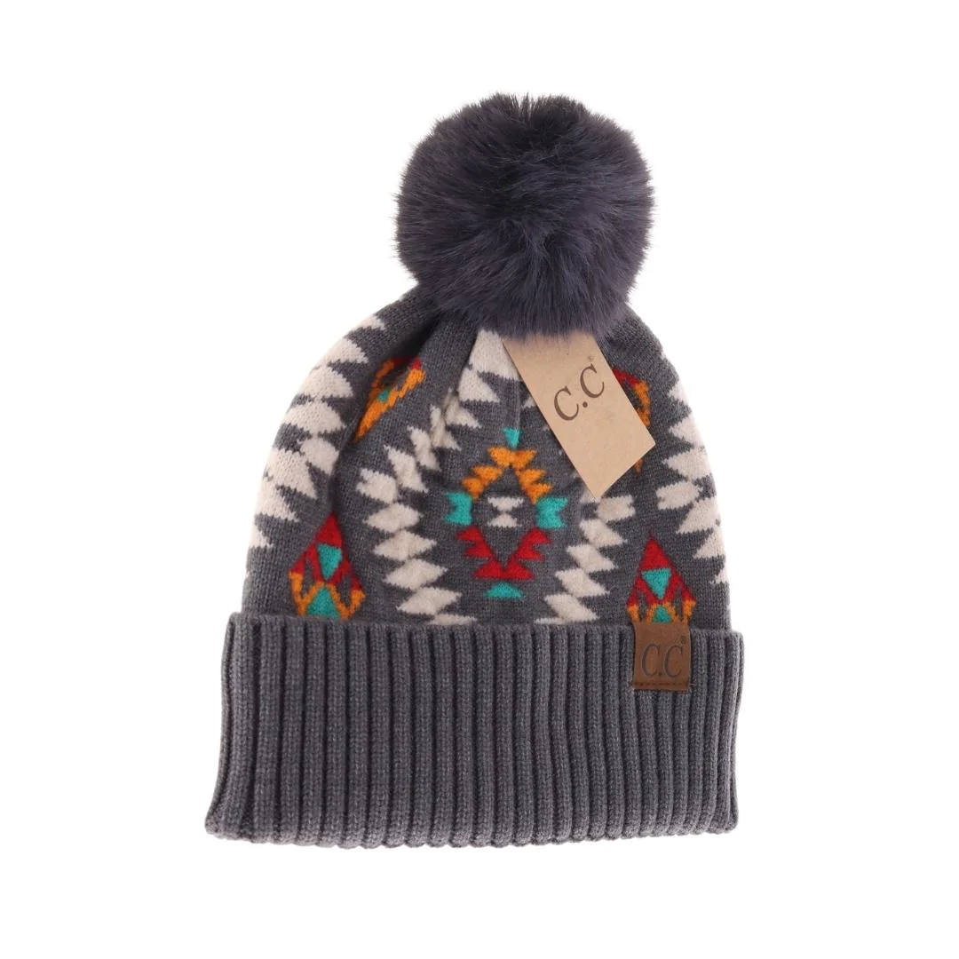 Aztec Patterned Faux Fur Pom C.C Beanie