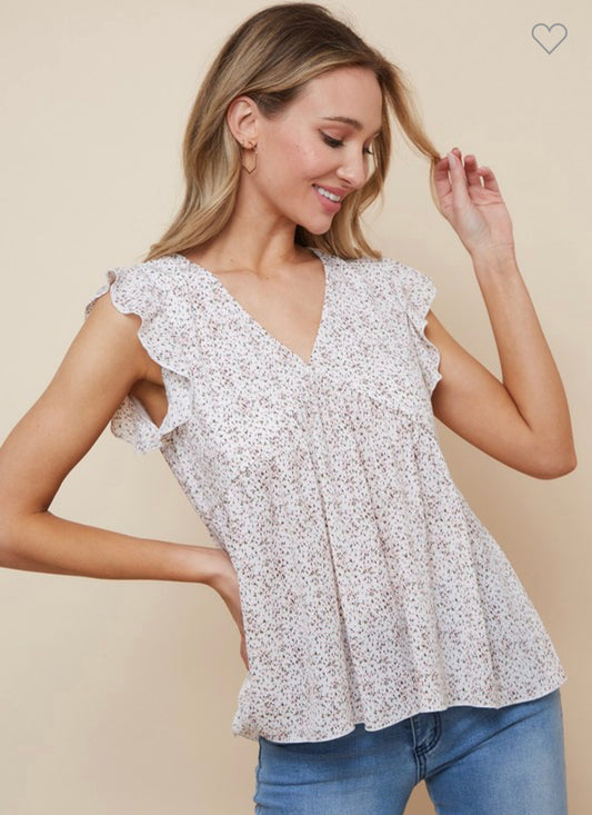 Printed Ruffle Sleeve V Neck Top