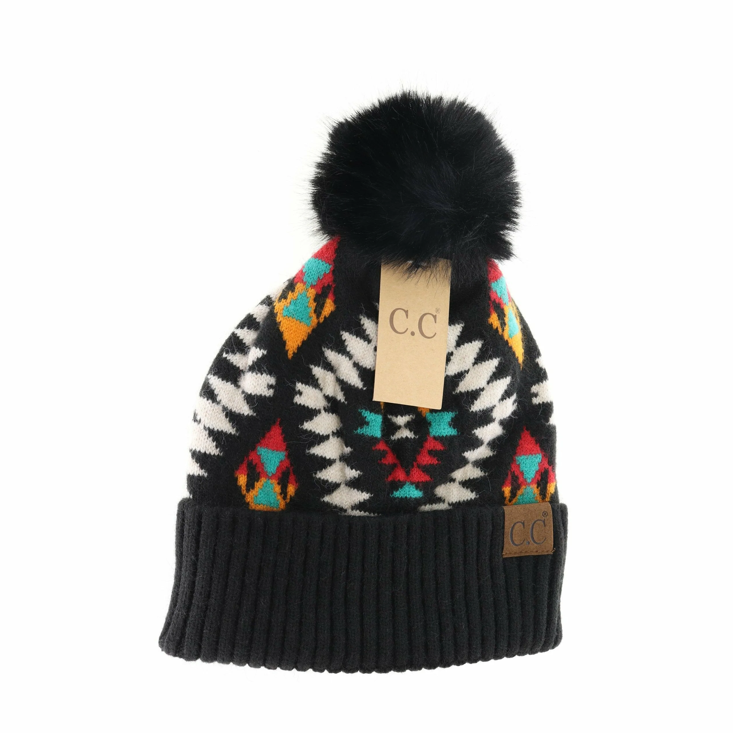 Aztec Patterned Faux Fur Pom C.C Beanie