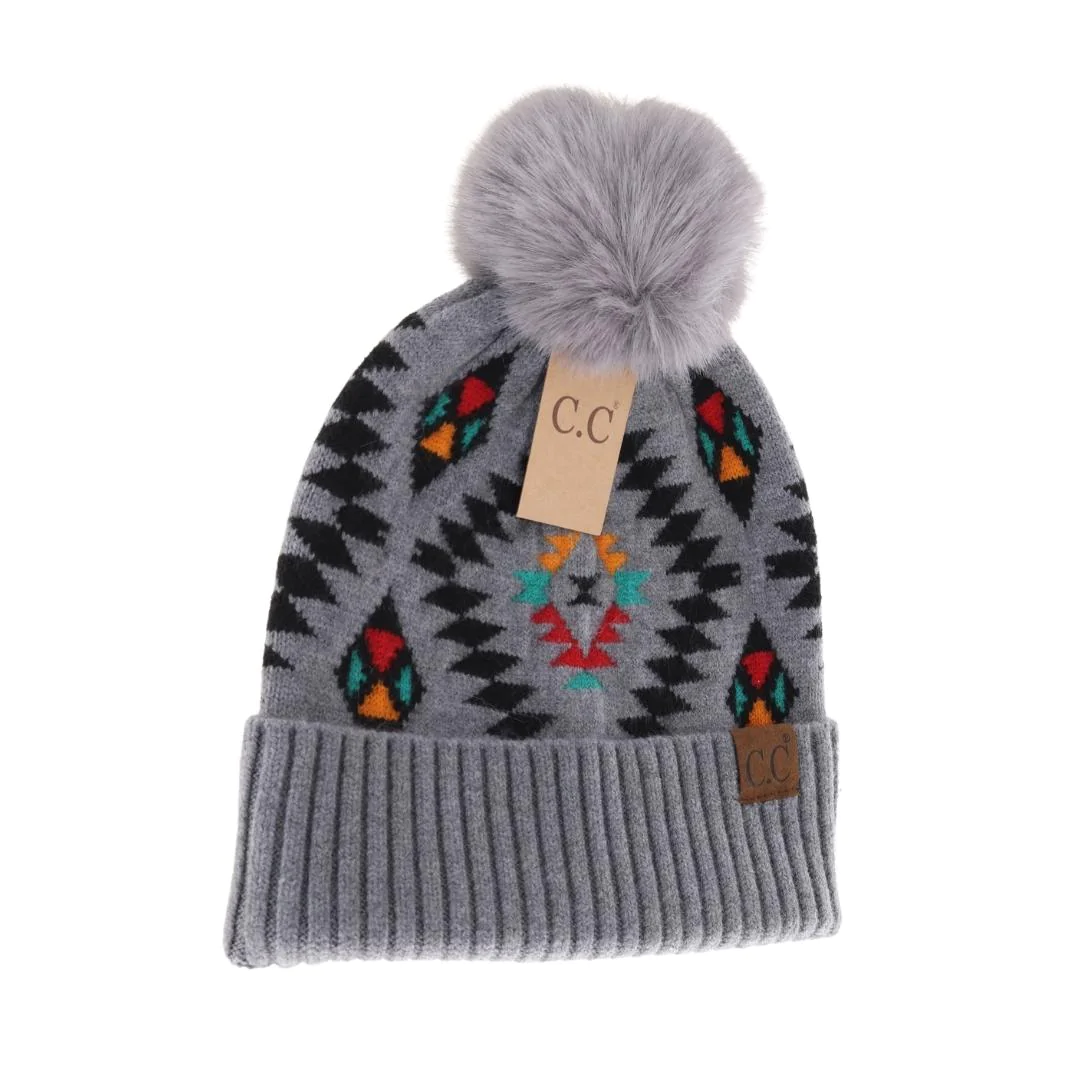 Aztec Patterned Faux Fur Pom C.C Beanie